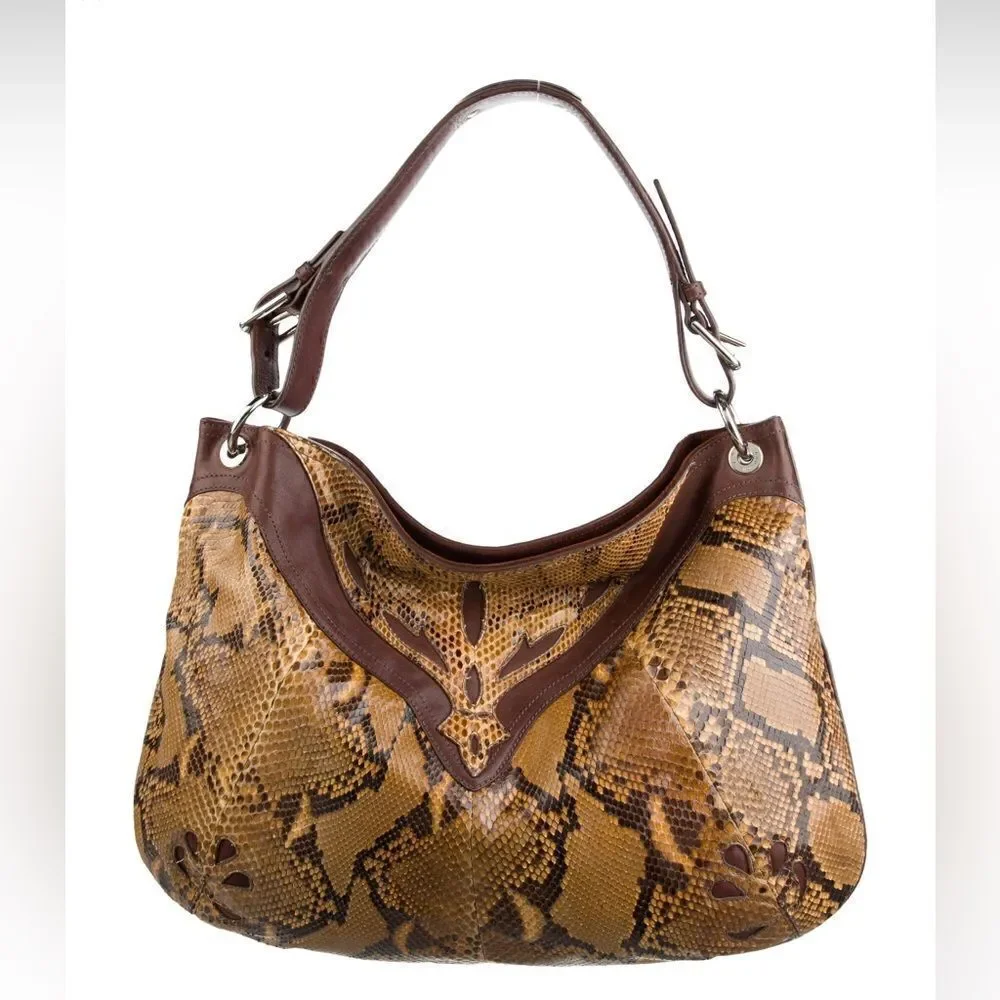 Ralph Lauren Collection Italian Tan Python Western Flame Stitch Hobo Handbag